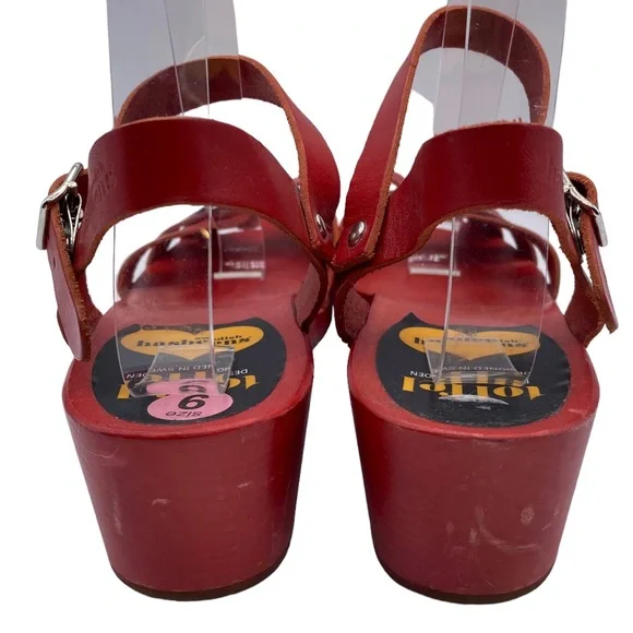 Swedish Hasbeens Sandal Red Leather Clog Bow Buckle Wood Size 8.5 - Picture 9 of 15